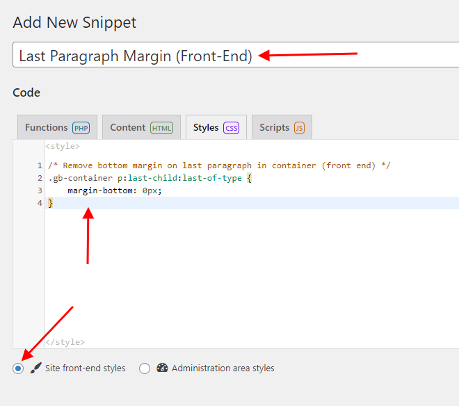 A screenshot of the Code Snippets Pro editor showing the code pasted in and the "Site Front-End Styles" option selected.